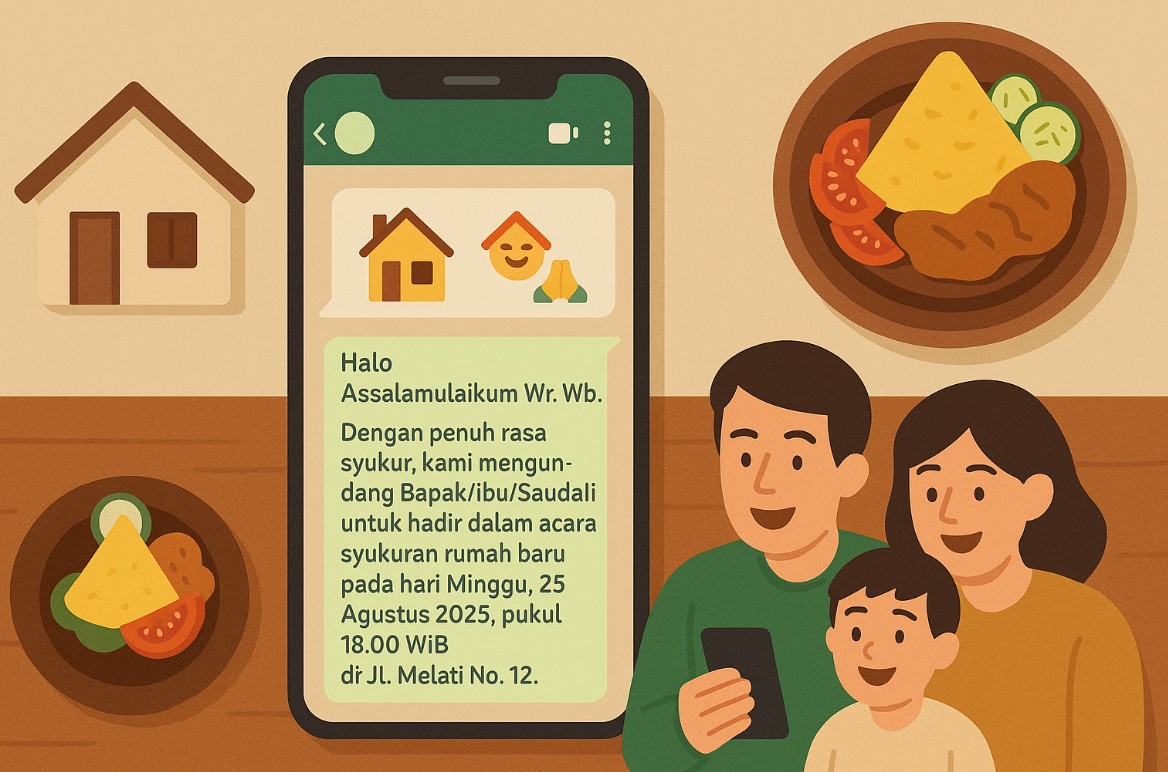 Contoh Undangan Syukuran Rumah Lewat WA yang Simpel, Hangat, dan Cocok untuk Grup Keluarga & Tetangga Contoh Undangan Syukuran Rumah Lewat WA yang Simpel, Hangat, dan Cocok untuk Grup Keluarga & Tetangga
